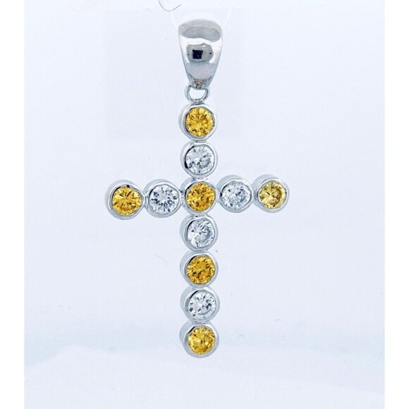 Estate Sterling Silver 925 Yellow & White CZ Cross Pendant, 16.1g, No Chain - Picture 1 of 9